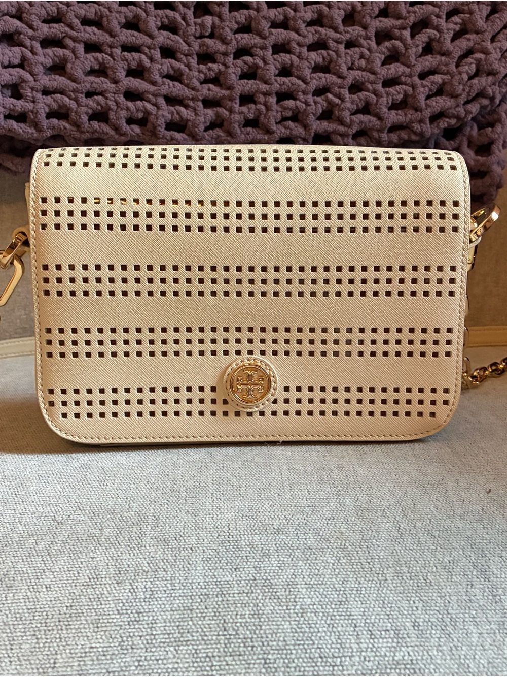 Tory Burch Cream Perforated Leather Crossbody with Gold Logo
